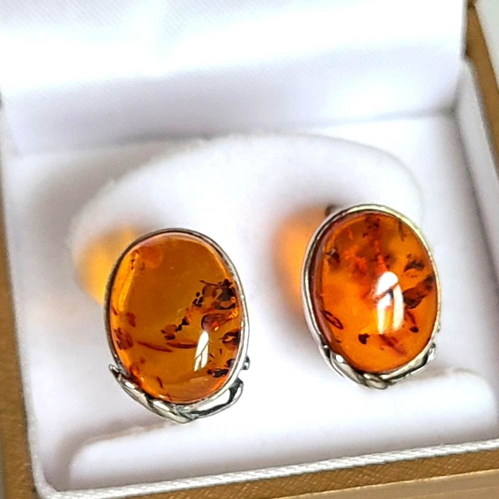 Vintage Boho Sterling Silver Chunky Orange Amber Oval Cabochon Stud Earrings